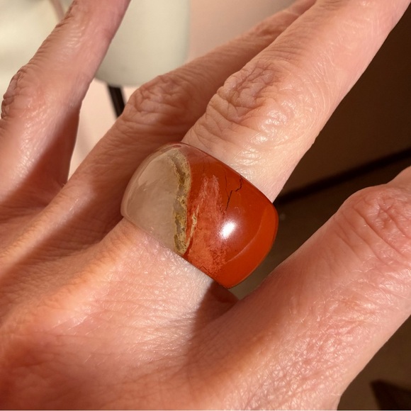 Estate Jewelry - Vintage carnelian and white quartz Solid Stone Wide Band Ring